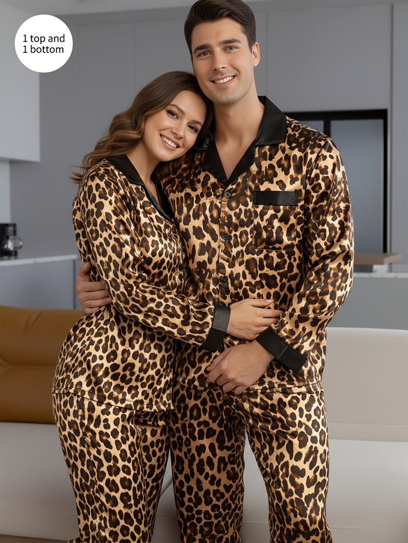 [Men/Women] Couple Style Pajamas, Men'S Or Women‘S, Leopard Print Long Sleeve Button-Up Top and Pants, 1 Top And 1 Bottom, Causal Homewear,Valentine’s Day - Image 5