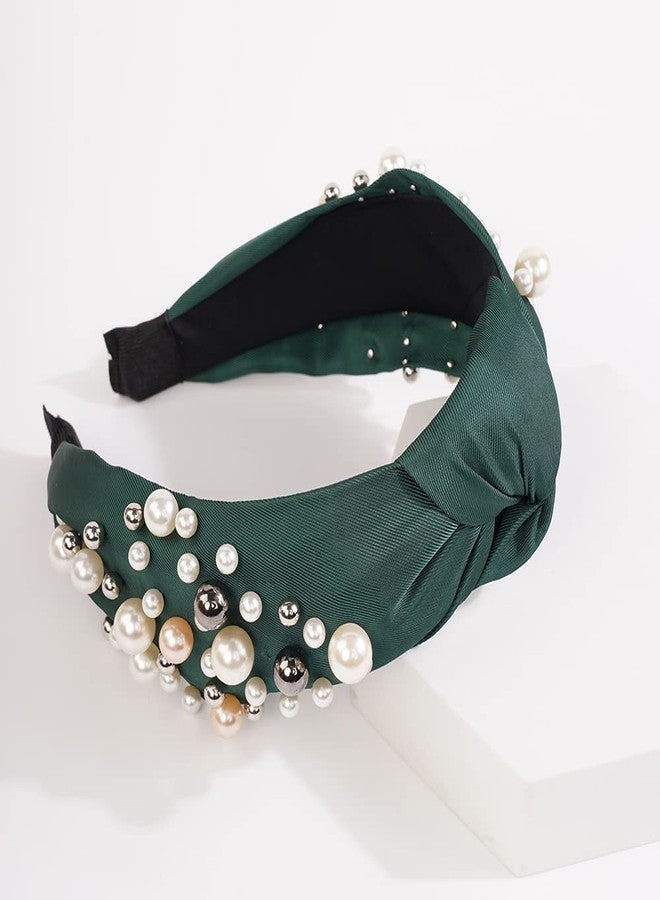 Wiwpar Pearl Knotted Headbands for Women Fashion Wide Pearl Bead Headband Head Bands Boho Hair Accessories (Green) - Image 2