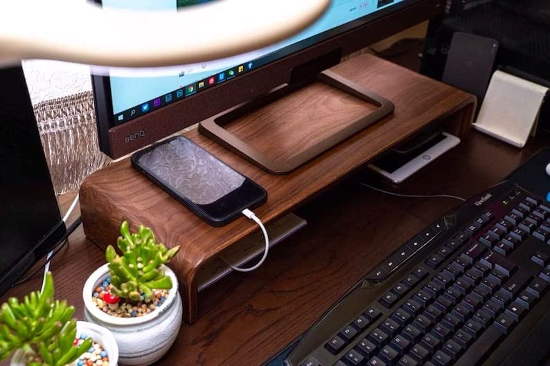 carpentray Wooden Computer Monitor Stand, Monitor Riser Desk Shelf Desktop Stand TV Laptop Riser with Keyboard Storage Desk (Walnut Finish) - Image 3