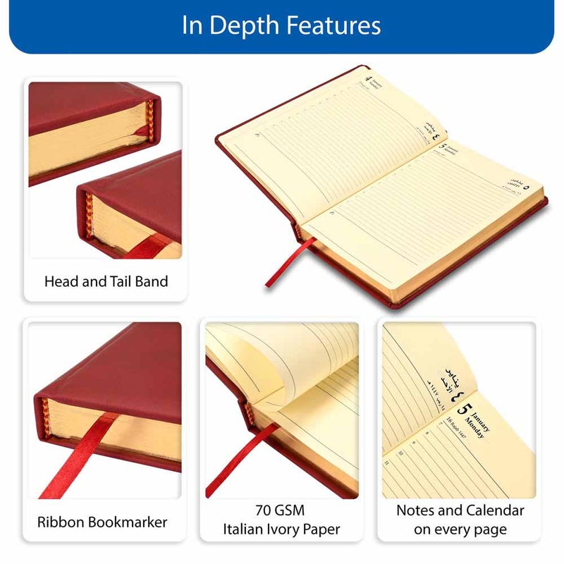 FIS 2026 Golden A5 Diary, 148x210mm, 1 Side Padded Italian PU Cover Materials, Round Corners, Gold Gilded Edges, Arabic/English, 70gsm Italian Ivory Paper, Maroon Cover - FSDI19AEG26MR - Image 5