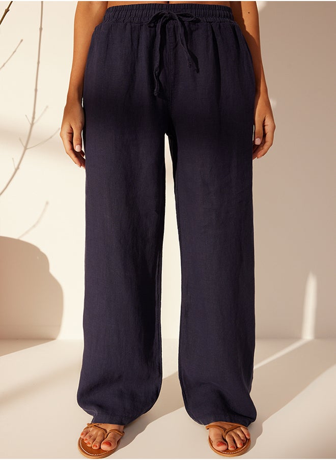 trendyol Navy Blue 100% Linen Elastic Waist High Waist Wide Leg Trousers TWOSS24JE00249  - Image 4