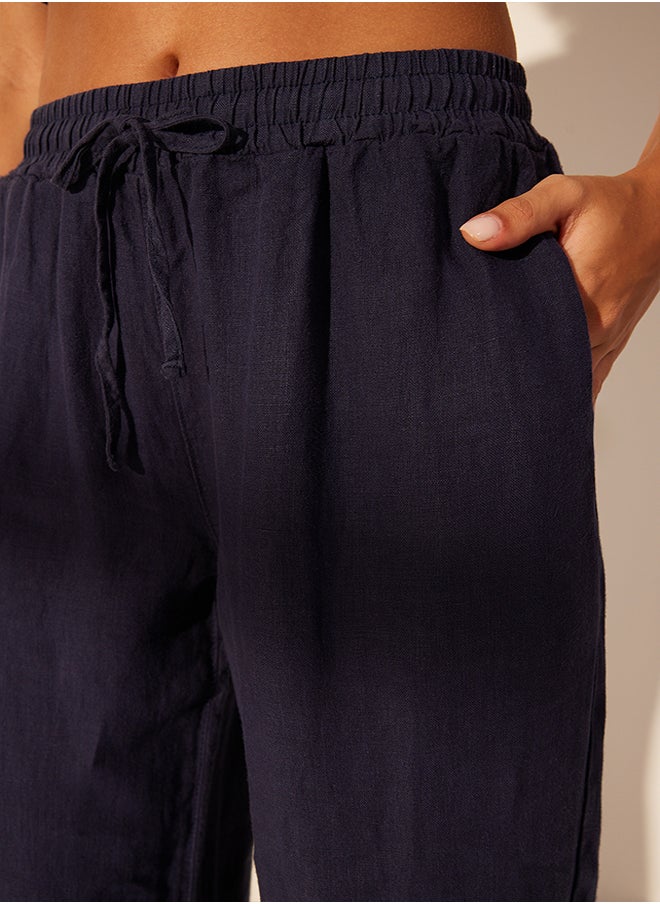 trendyol Navy Blue 100% Linen Elastic Waist High Waist Wide Leg Trousers TWOSS24JE00249  - Image 5