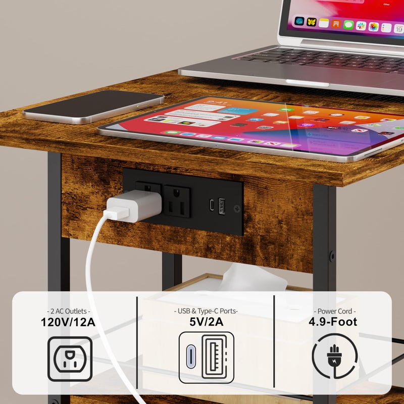Sonyabecca طاولة جانبية على شكل حرف C دوارة مع محطة شحن، منضدة ليلية مع منفذ Type-C و USB ومأخذ كهربائي لغرفة النوم، طاولة قهوة فسيحة بعجلات لغرفة المعيشة، المكتب المنزلي، المساحات الصغيرة (سطح مكتب كبير) - Image 2