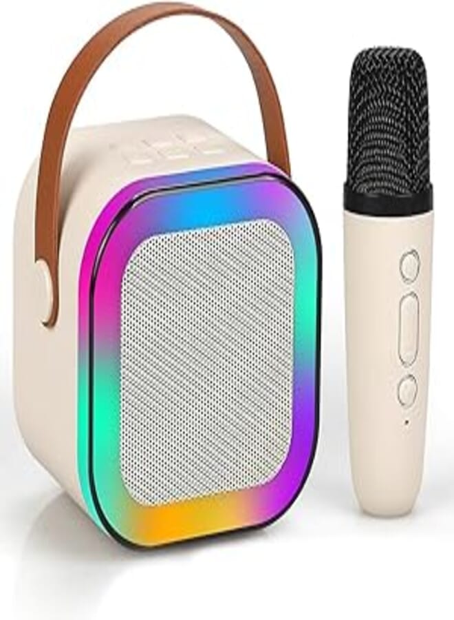 Wireless Karaoke K12 Kids Machine Microphone Stereo for Kids,5-in-1Portable Speaker Handheld Karaoke Mic Speaker Player Recorder with Adjustable Remix for Kids Girls Boys Teens (Beige) 