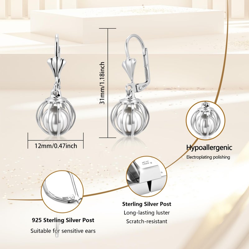 ALEXCRAFT Sterling Silver Pearl Drop Earrings for Women Hypoallergenic Leverback Ball Dangle Drop Pearl Earrings 925 Sterling Silver Statement Dainty Caged White Dangle Pearls Earings for Women Jewelry Gifts - Image 3