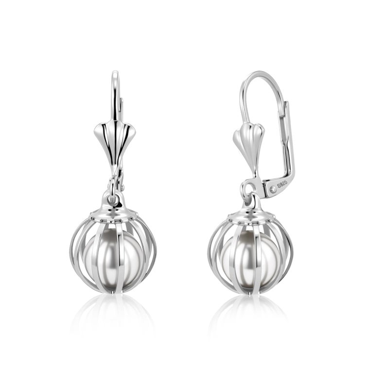 ALEXCRAFT Sterling Silver Pearl Drop Earrings for Women Hypoallergenic Leverback Ball Dangle Drop Pearl Earrings 925 Sterling Silver Statement Dainty Caged White Dangle Pearls Earings for Women Jewelry Gifts - Image 1