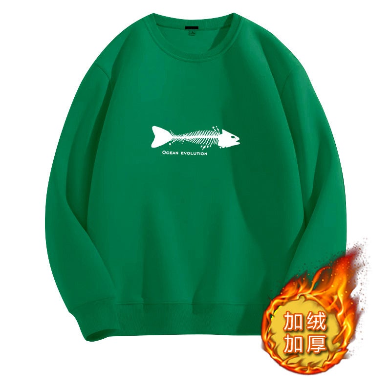 Mens Fleece-Lined Thick Sweatshirt Autumn Winter Fish bone Green