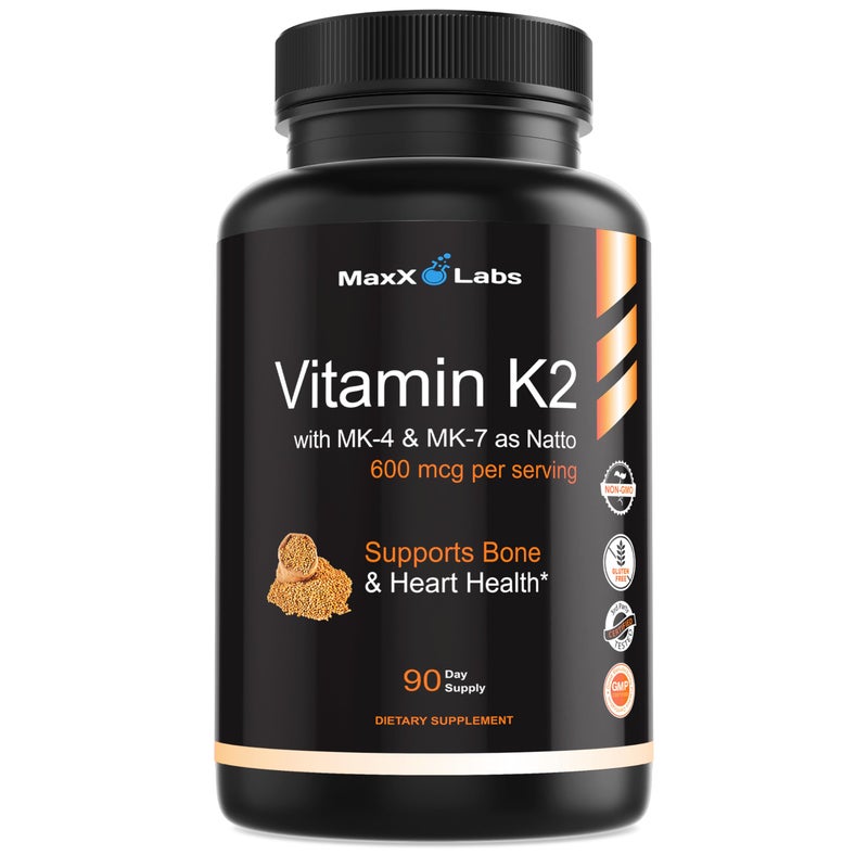 MaxX Labs Vitamin K2 Supplement Full Spectrum Vitamin K2MK7 MK4 Vitamin D High Strength K2 Works with VitaminD3 VitaminK 600mcg Supports Bone Health 90 Capsules