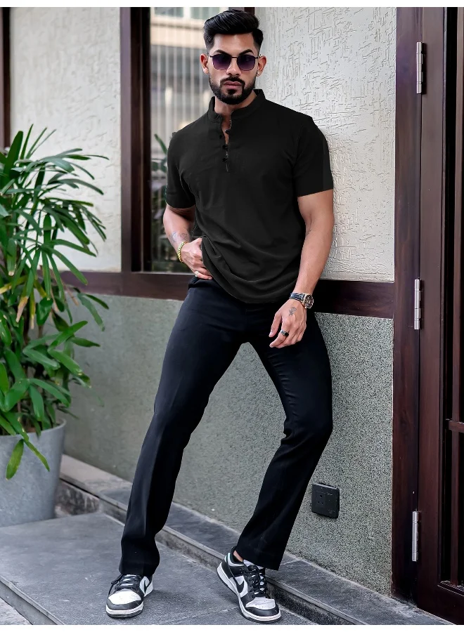 Maniac Mens Solid Henley Neck Half Sleeve Black Cotton Slim T-Shirt