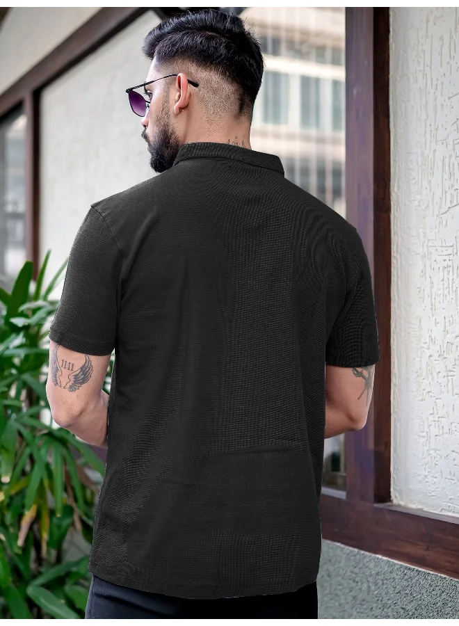 Maniac Mens Solid Henley Neck Half Sleeve Black Cotton Slim T-Shirt