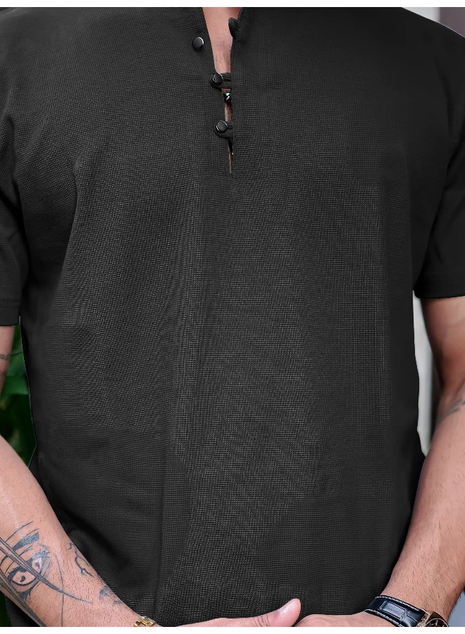 Maniac Mens Solid Henley Neck Half Sleeve Black Cotton Slim T-Shirt