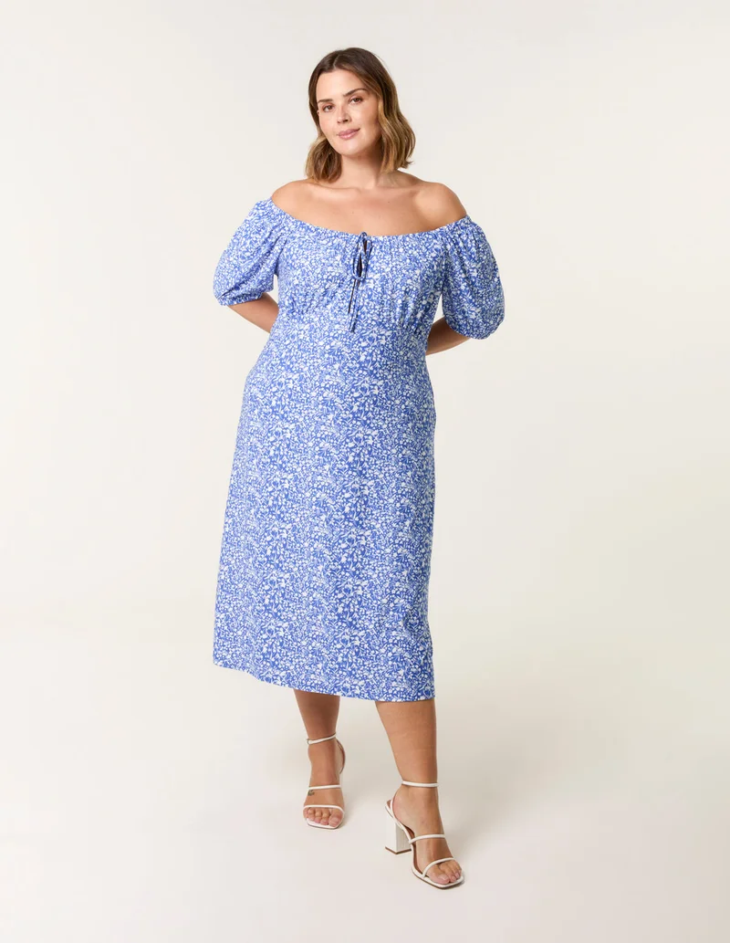 Blue Vanilla Curve Ditsy Print Milkmaid Stretch Crepe Midi Dress