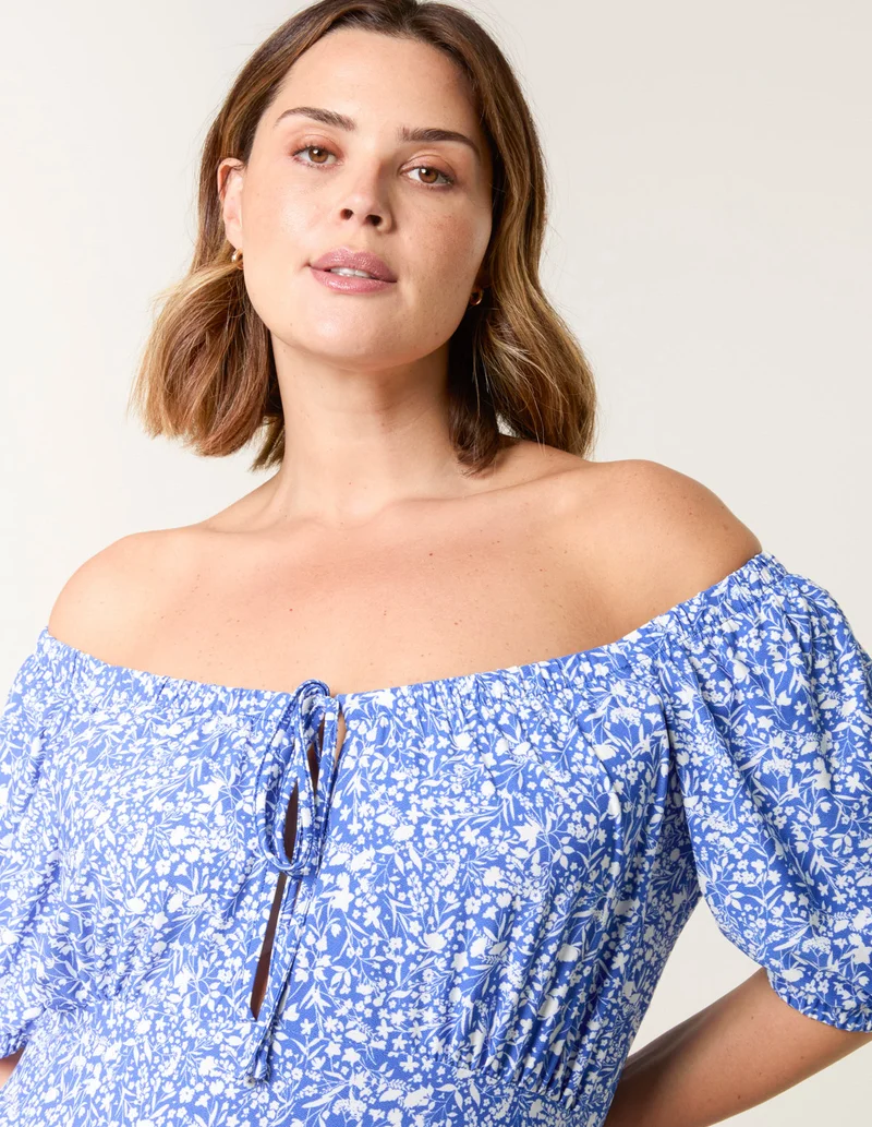 Blue Vanilla Curve Ditsy Print Milkmaid Stretch Crepe Midi Dress