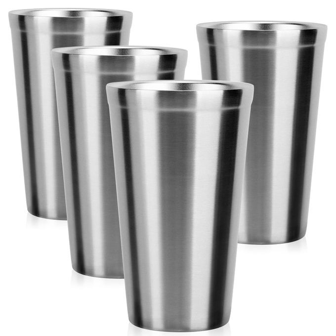 STAINLESS STEEL CUPS 16 OZ 4 PACK STAINLESS STEEL TUMBLER STACKABLE DOUBLE WALL VACUUM INSULATED METAL DRINKING GLASSES FOR HOME RESTAURANT OFIICE PARTY CAMPING