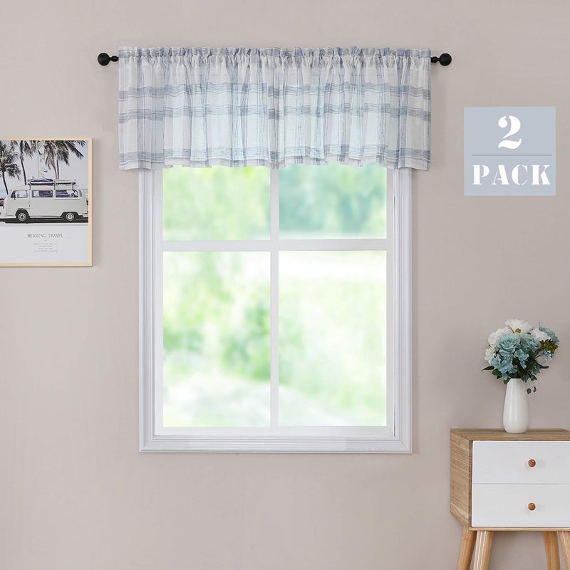 Randall White Blue Check Valance Curtain for Kitchen Linen Blend Semi Sheers Rod Pocket Rustic Farmhouse Style Window Treatment Drape  2 Panels  54 "" x18 ""x2  Blue/White - Image 1