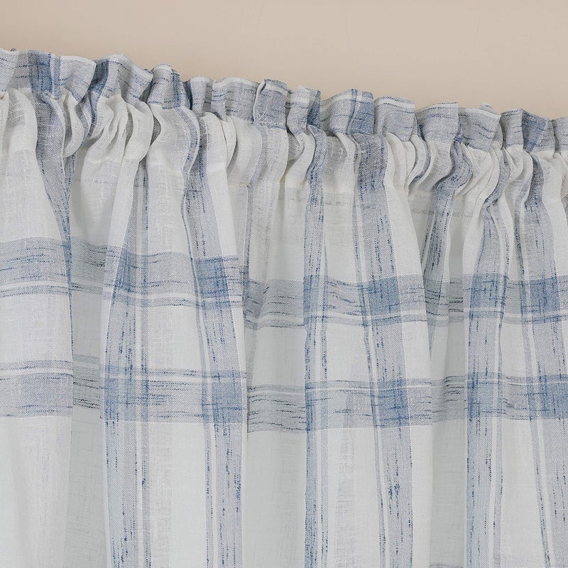 Randall White Blue Check Valance Curtain for Kitchen Linen Blend Semi Sheers Rod Pocket Rustic Farmhouse Style Window Treatment Drape  2 Panels  54 "" x18 ""x2  Blue/White - Image 3