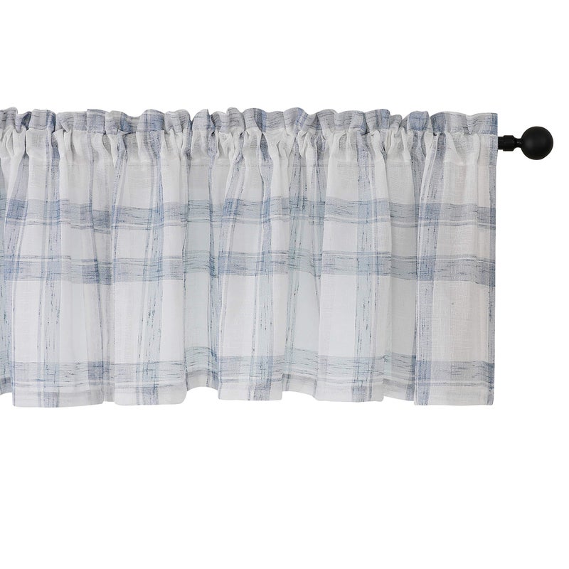 Randall White Blue Check Valance Curtain for Kitchen Linen Blend Semi Sheers Rod Pocket Rustic Farmhouse Style Window Treatment Drape  2 Panels  54 "" x18 ""x2  Blue/White - Image 2