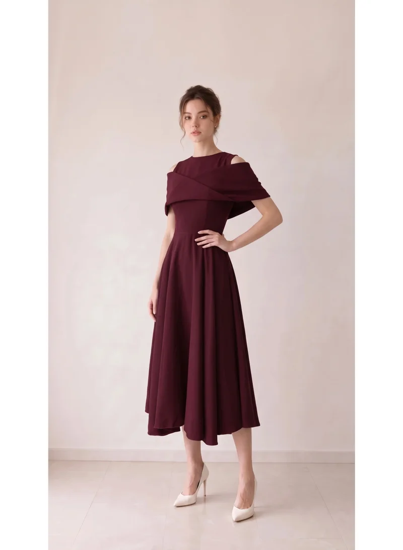 2Trendy Women's Burgundy Midi Dress with Round Neckline, Shoulder Cutouts and Wide Skirt