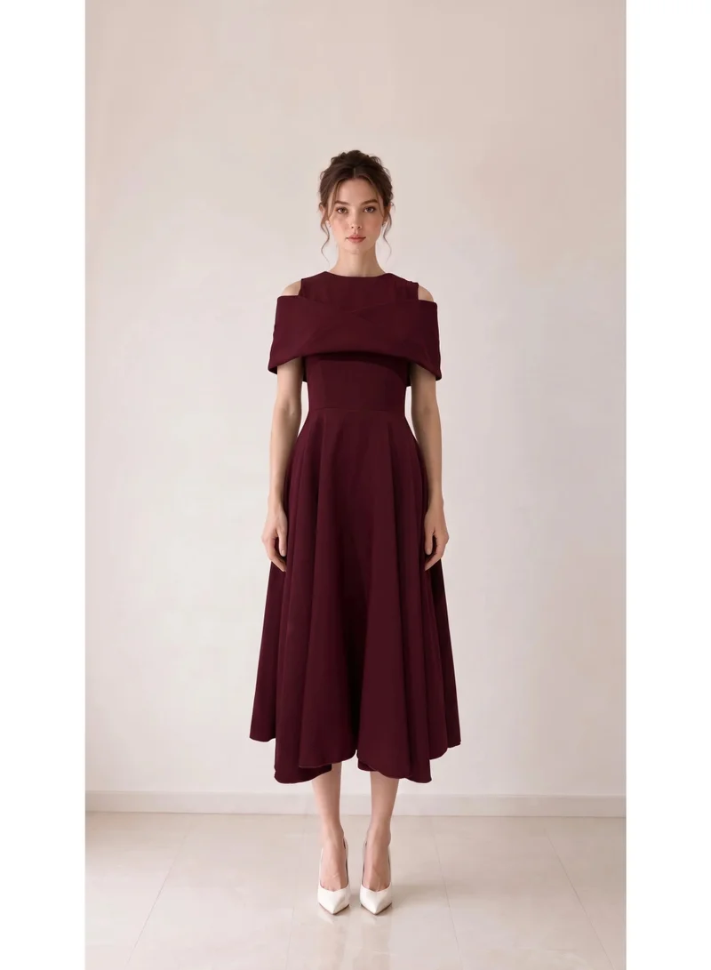 2Trendy Women's Burgundy Midi Dress with Round Neckline, Shoulder Cutouts and Wide Skirt