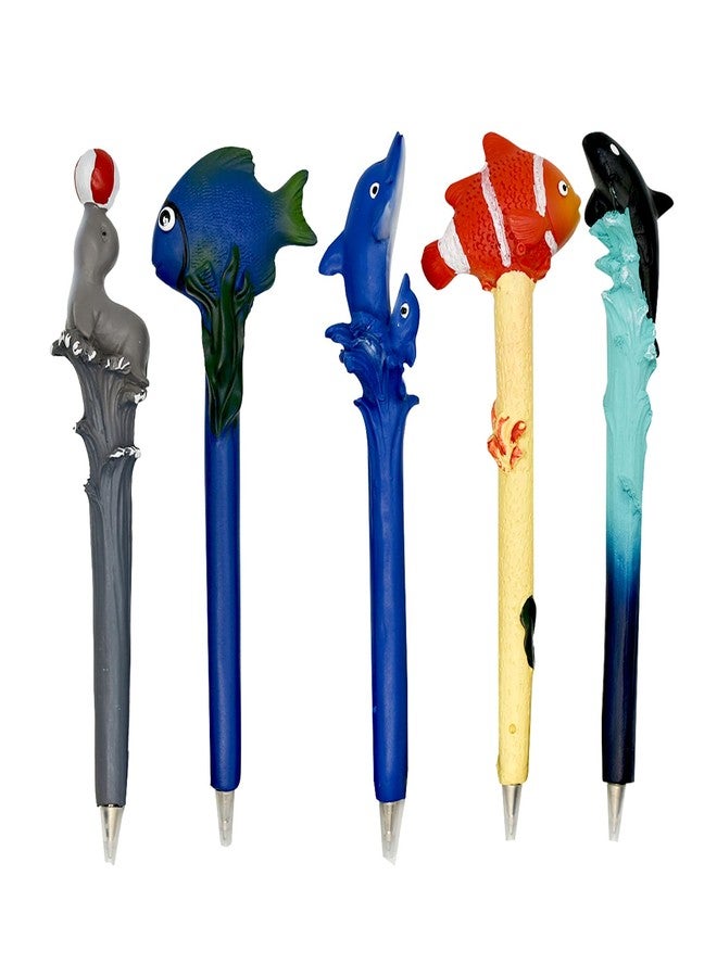 Lopenle 5PCS Novelty Shark Fish Pens Clownfish Pen Dolphin Pen Stylish Sea Animal Pens Resin Made Black Ink For School Supplies Birthday Party - Image 1