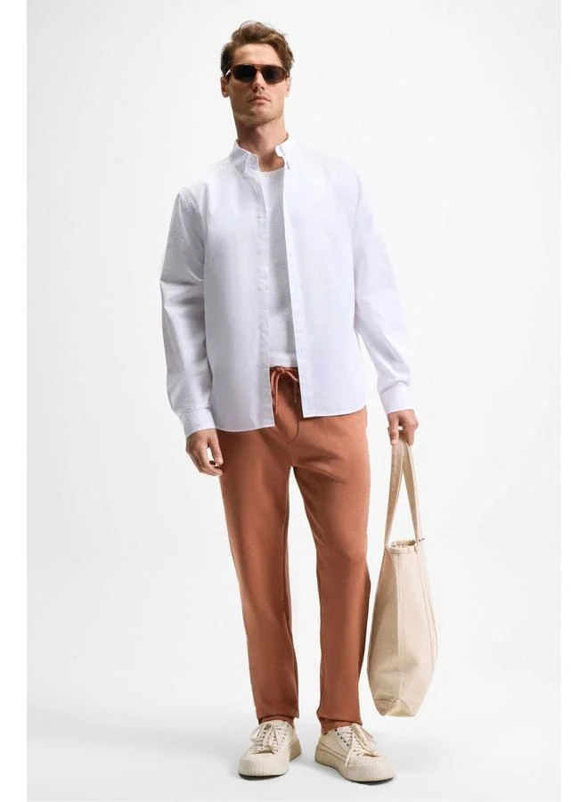 Grimelange OLSEN Men's Belted Corded Pants with Side Pockets, Back Decorative Flap, Relaxed Fit, Tile Color, Chinos.