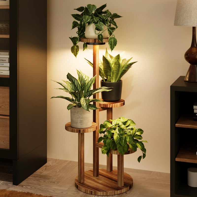 Bamworld Plant Stand Indoor with Grow Lights Plant Shelf 4 Tier Wood Plant Stand for Multiple Plants Tall Corner Plant Stands for Outdoor Round Flower Stand Plant Holder for Living Room Patio Garden Balcony - Image 1