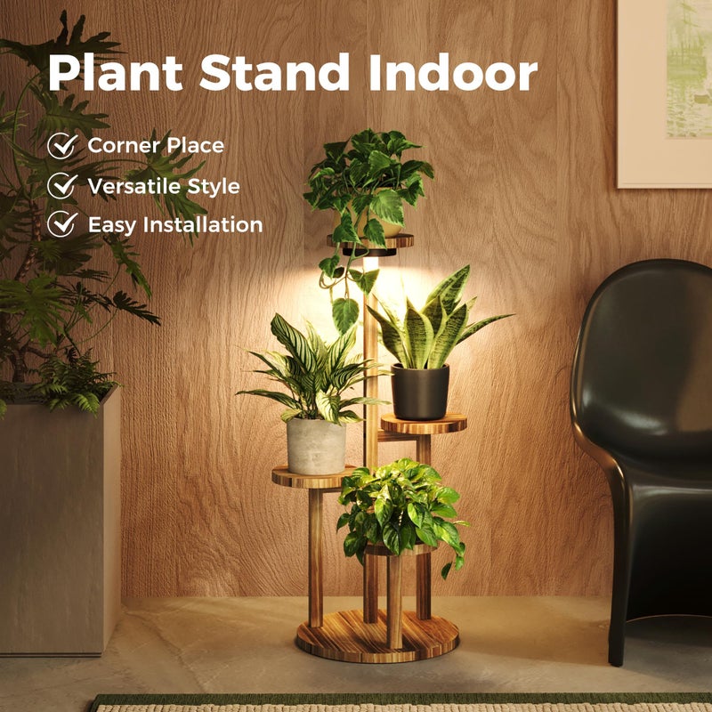 Bamworld Plant Stand Indoor with Grow Lights Plant Shelf 4 Tier Wood Plant Stand for Multiple Plants Tall Corner Plant Stands for Outdoor Round Flower Stand Plant Holder for Living Room Patio Garden Balcony - Image 3