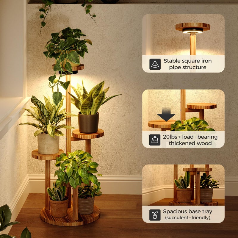 Bamworld Plant Stand Indoor with Grow Lights Plant Shelf 4 Tier Wood Plant Stand for Multiple Plants Tall Corner Plant Stands for Outdoor Round Flower Stand Plant Holder for Living Room Patio Garden Balcony - Image 5