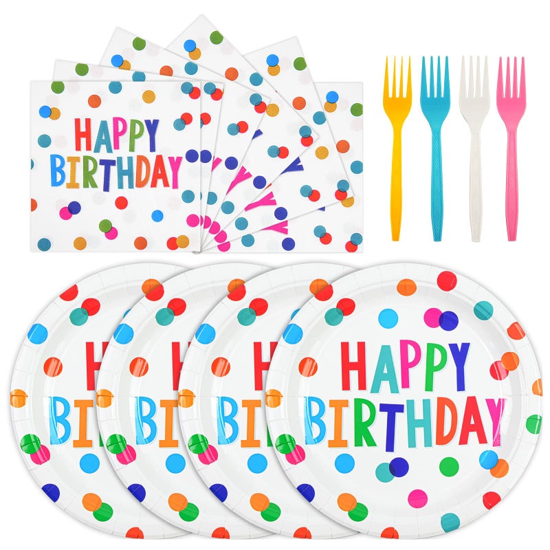 HFBOBP 72PCS Happy Birthday Paper Plates and Napkins Decorations, 7inch Colorful Dots Cake Dessert Plates with Forks Disposable Dinnerware Tableware Set for Birthday Party Supplies (Colorful Dot) - Image 1