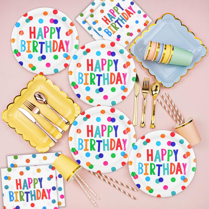 HFBOBP 72PCS Happy Birthday Paper Plates and Napkins Decorations, 7inch Colorful Dots Cake Dessert Plates with Forks Disposable Dinnerware Tableware Set for Birthday Party Supplies (Colorful Dot) - Image 2
