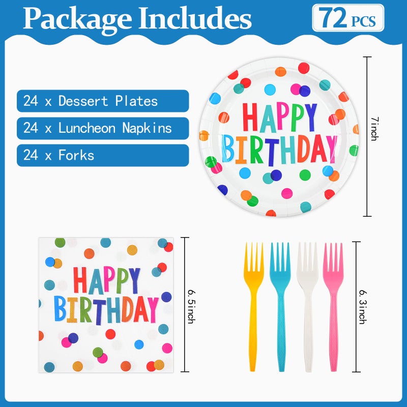 HFBOBP 72PCS Happy Birthday Paper Plates and Napkins Decorations, 7inch Colorful Dots Cake Dessert Plates with Forks Disposable Dinnerware Tableware Set for Birthday Party Supplies (Colorful Dot) - Image 3