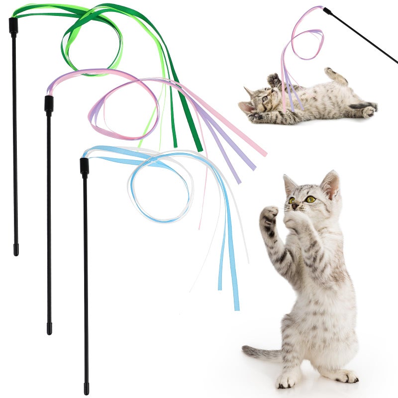 Amaxiu Cat Ribbon Wand Toys 3pcs Interactive Cat Rainbow Wand String Toys for Indoor Cats Colorful Ribbon Charmer for Kittens Teaser Training Exerciser Playing Catcher Accessories - Image 2
