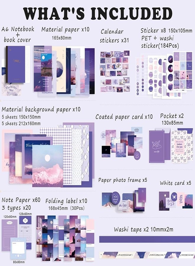 Rewup 348 Pcs Scrapbooking Supplies Kit, Vintage Aesthetic Scrapbook Kit for Bullet Junk Journal, Stationery, A6 Grid Notebook, DIY Journaling Supplies, Birthday Craft Gift for Teen Girl Kid Women (Purple) - Image 2