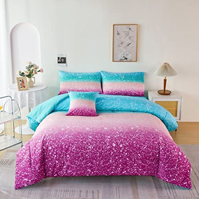 6PCS GLITTER COMFORTER SET FOR GIRLS TWIN SIZE GRADIENT TIE DYE PURPLE BLUE BEDDING SET COMFORTER WITH SHEET SET ULTRA SOFT AND BREATHABLE KIDS BED SET FOR TEEN GIRL