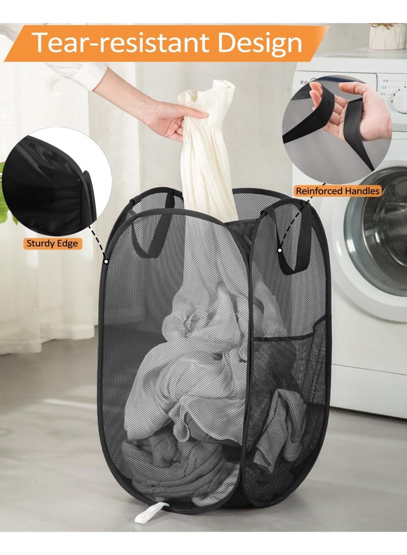 YelaJoy 2 Pack Durable Collapsible Laundry Baskets - Reinforced Mesh Pop Up Laundry Hamper with Pocket, Foldable Dirty Clothes Hamper with Carry Handles for Laundry, Bathroom, Kids Room, Dorm or Travel Black - Image 3