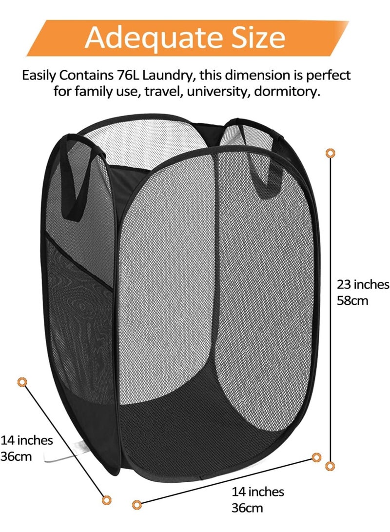YelaJoy 2 Pack Durable Collapsible Laundry Baskets - Reinforced Mesh Pop Up Laundry Hamper with Pocket, Foldable Dirty Clothes Hamper with Carry Handles for Laundry, Bathroom, Kids Room, Dorm or Travel Black - Image 2