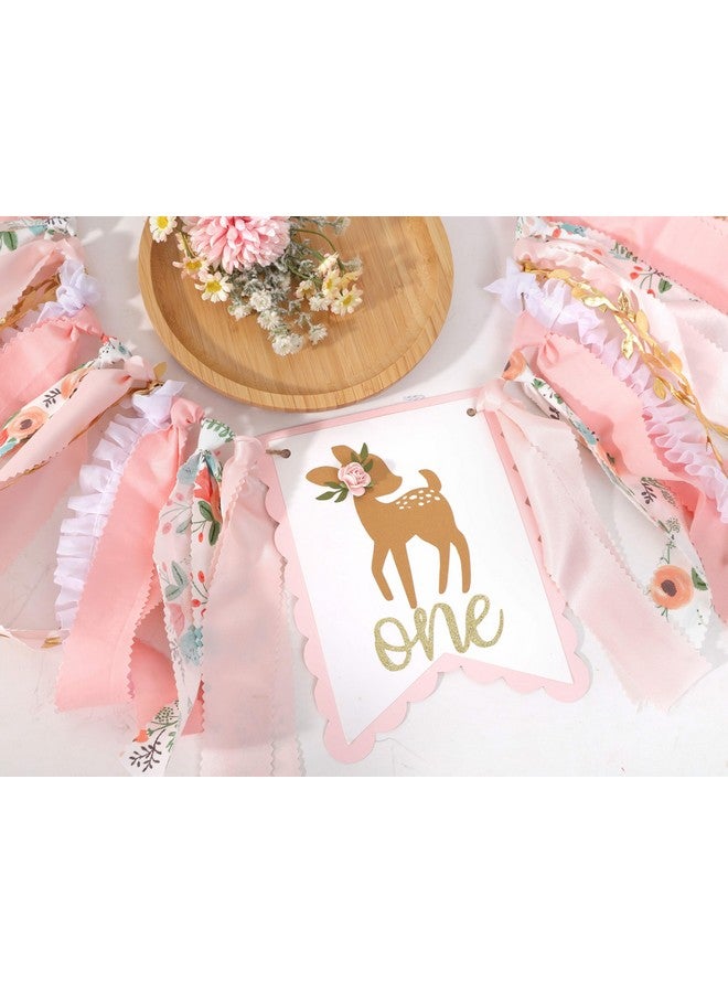 Agkvw Deer Floral Girl High Chair Banner - Little Miss One-Deerful Highchair Banner, Woodland 1st Birthday Decoration for Girls, Deer Girl Floral 1st Birthday, Fall/Winter First Birthday Bambi Fabric Highchair Garland - Image 2