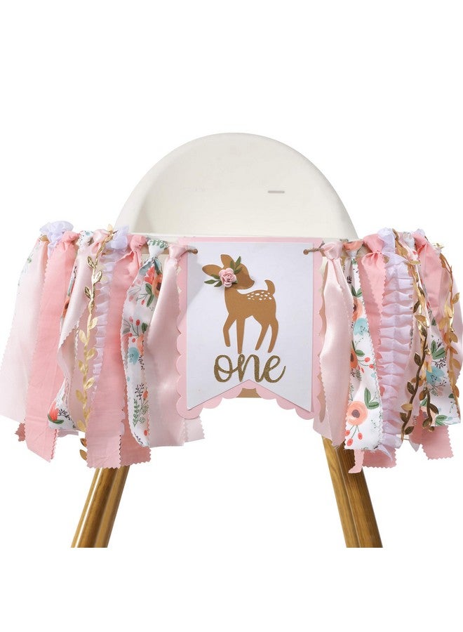 Agkvw Deer Floral Girl High Chair Banner - Little Miss One-Deerful Highchair Banner, Woodland 1st Birthday Decoration for Girls, Deer Girl Floral 1st Birthday, Fall/Winter First Birthday Bambi Fabric Highchair Garland - Image 1