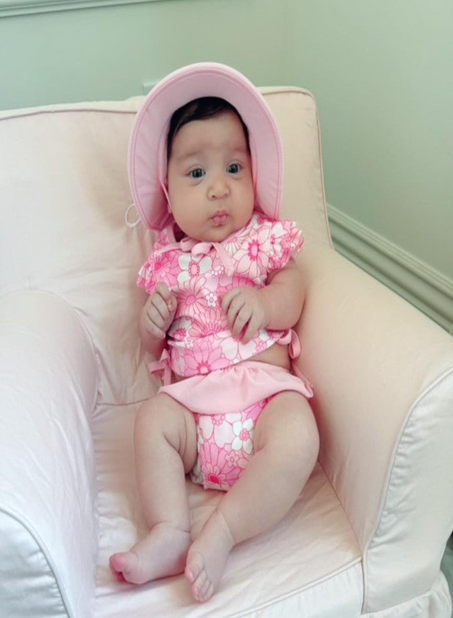 KOZBY Baby Swimsuit Girl 3 Piece Tankini Bathing Suit Ruffle Beach Infant Swimwear with Hat Pink Daisy 12-18 Months - Image 3
