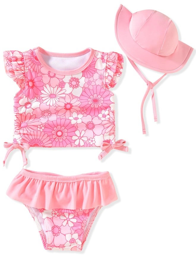 KOZBY Baby Swimsuit Girl 3 Piece Tankini Bathing Suit Ruffle Beach Infant Swimwear with Hat Pink Daisy 12-18 Months - Image 1
