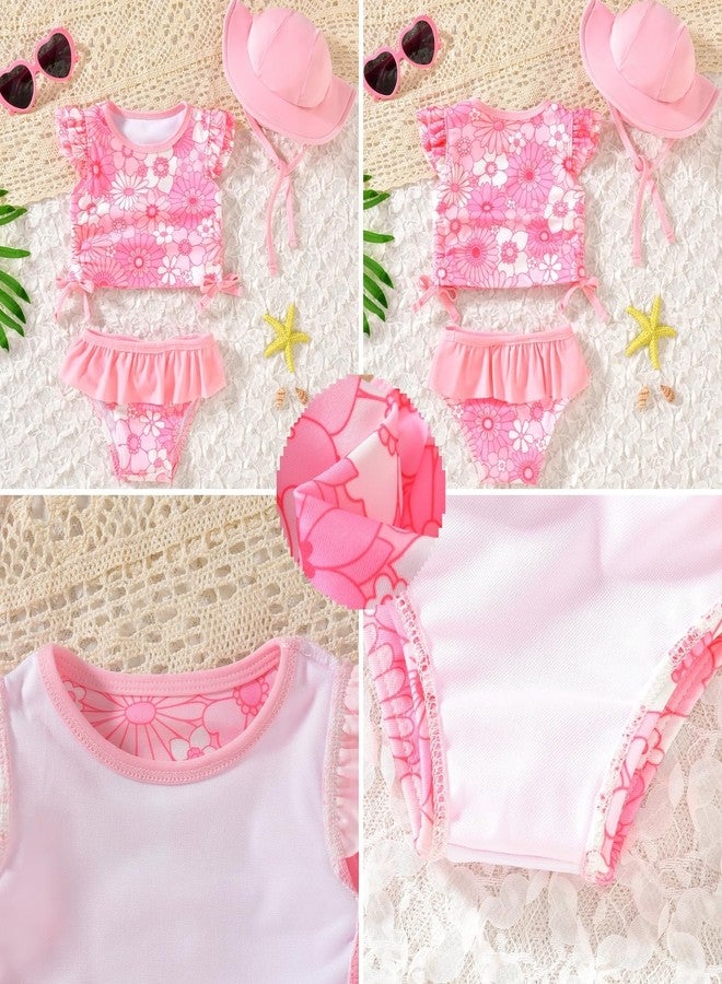 KOZBY Baby Swimsuit Girl 3 Piece Tankini Bathing Suit Ruffle Beach Infant Swimwear with Hat Pink Daisy 12-18 Months - Image 5