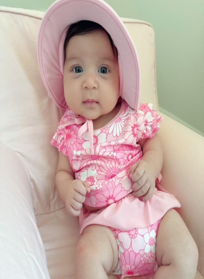 KOZBY Baby Swimsuit Girl 3 Piece Tankini Bathing Suit Ruffle Beach Infant Swimwear with Hat Pink Daisy 12-18 Months - Image 2