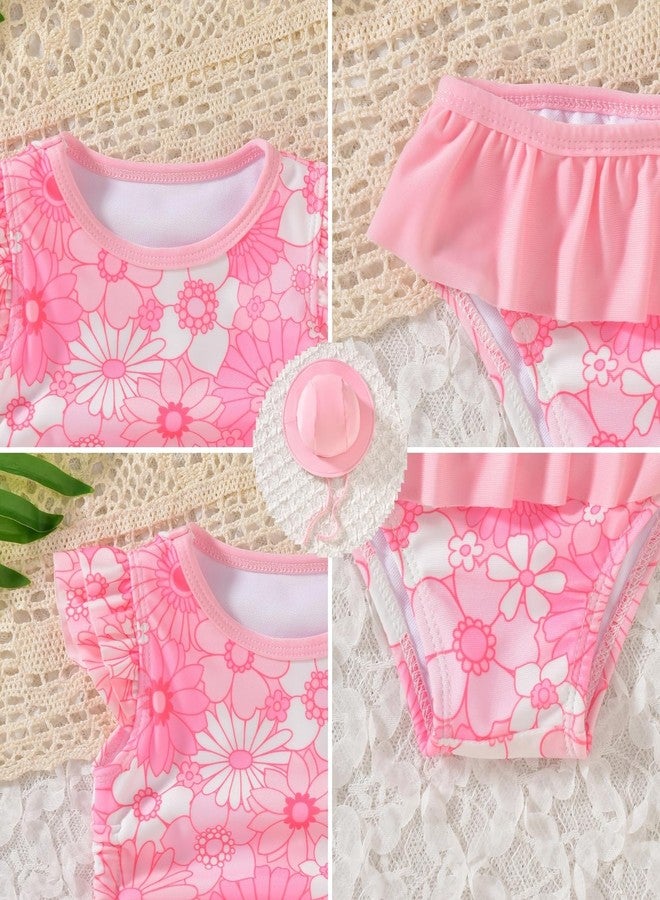 KOZBY Baby Swimsuit Girl 3 Piece Tankini Bathing Suit Ruffle Beach Infant Swimwear with Hat Pink Daisy 12-18 Months - Image 4