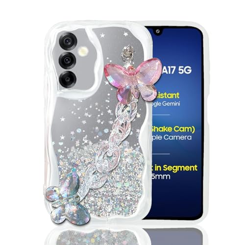 KC Back Cover for Samsung Galaxy M17 5G / Samsung Galaxy F17 5G - Curly Wave Dry Fixed Glitter Crystal Butterfly Wrist Bracelet Shockproof Soft Silicone Camera Protection Case (Transparent) - Image 4