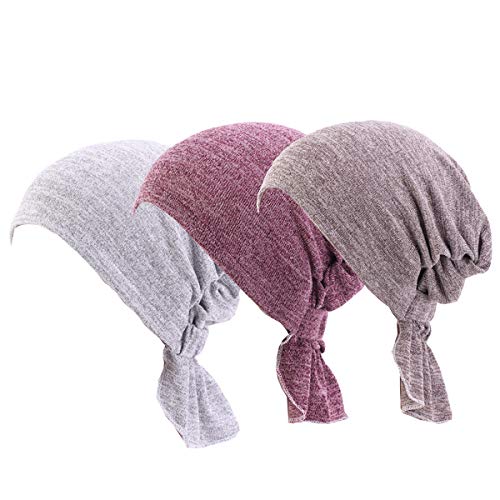 Ever Fairy 3 Colors Chemo Cancer Head Scarf Hat Cap Ethnic Cloth Print Turban Headwear Women Women's Ruffle Beanie Scarf (Grey-Khaki-Bean Paste) - Image 1