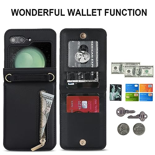 XIMAND for Samsung Galaxy Z Flip 6 Luxury Zipper Wallet Phone Case, Multi-Function Kickstand Card Holder Adjustable Crossbody Strap, Fashion Flip Case.(Black) - Image 2