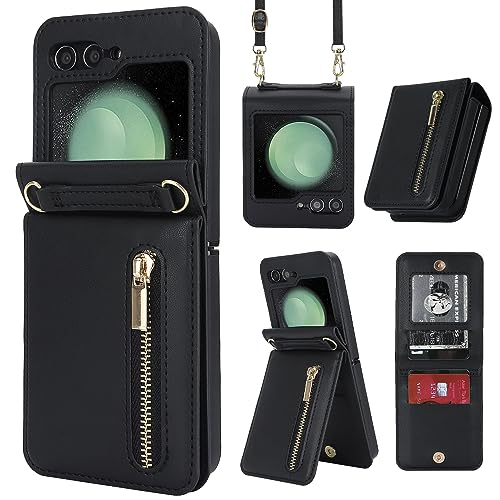 XIMAND for Samsung Galaxy Z Flip 6 Luxury Zipper Wallet Phone Case, Multi-Function Kickstand Card Holder Adjustable Crossbody Strap, Fashion Flip Case.(Black) - Image 1