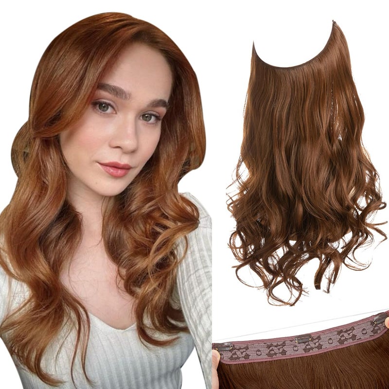 SARLA Invisible Wire Hair Extensions with 3 Clips Long Synthetic Wavy Curly Hairpiece Adjustable Transparent Headband for Women 18 Inch Light Auburn - Image 1