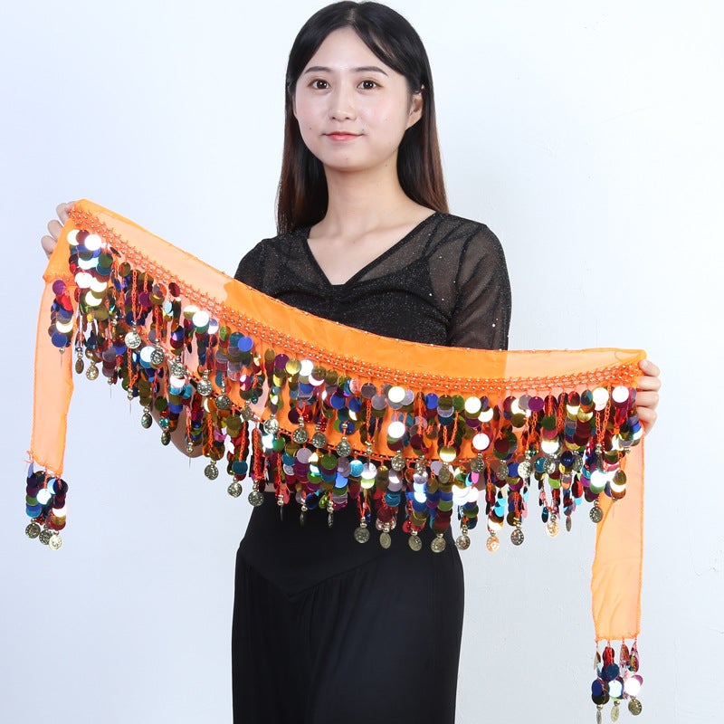 Belly dance waist chain hip towel skirt new Indian dance watch performance waist seal copper gong belt sequined tassel waist towel dance Orange