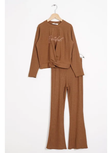 Zepkids Crew Neck Long Sleeve Printed Brown Color Girl Child Pants Set